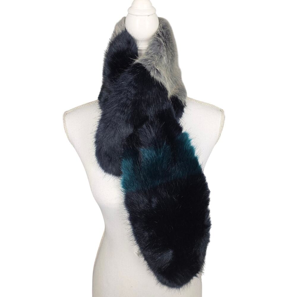 HALOGEN FAUX FUR COLORBLOCK SCARF – BLACK/TEAL/GRAY – WITH FEED‑THROUGH SLIT